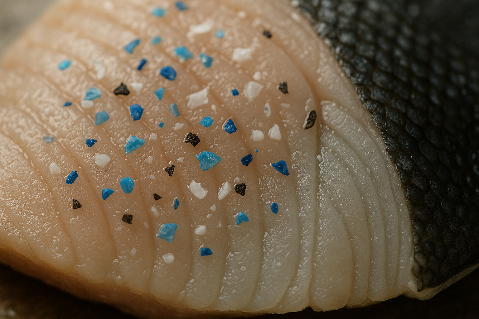 Filete de pescado con presencia de microplásticos visibles, símbolo de la contaminación marina que acaba en nuestra alimentación.